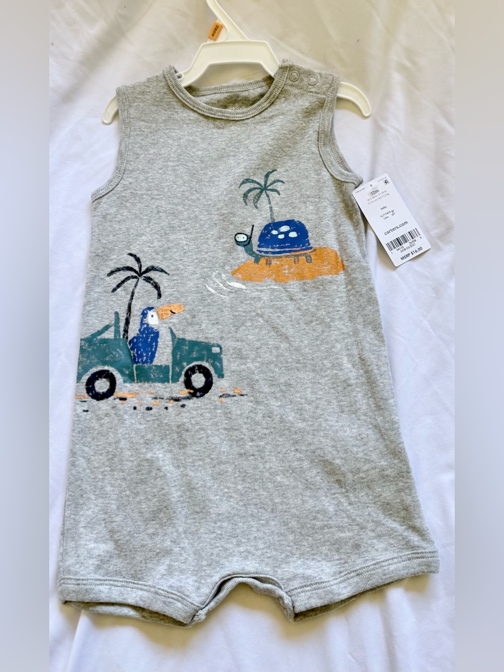 Carter's Gray Tank Romper with Blue Turtle & Teal Truck Graphics - Picture 2 of 3